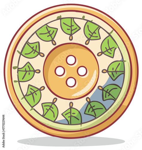 Round Button with Green Leaf Pattern and Four Holes