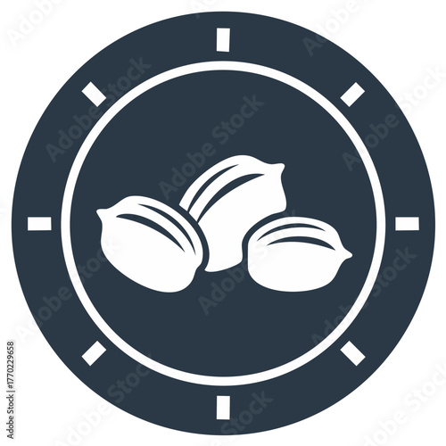 Illustration depicting three stylized peanuts inside a dark navy blue circle, separated by white lines.