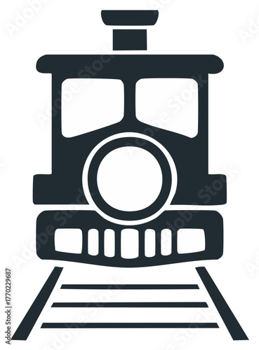 Vintage steam locomotive icon with train tracks, classic front view silhouette graphic