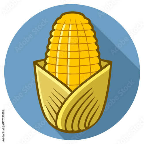 Stylized illustration of a golden ear of corn on a round blue background with shadow.