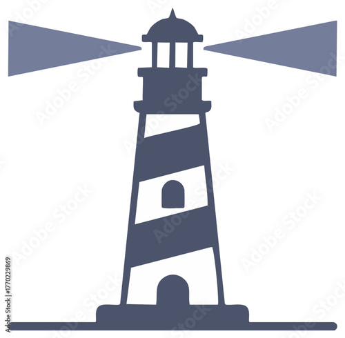 Stylized depiction of a coastal lighthouse beaming a guiding light for navigation, showing safe passage