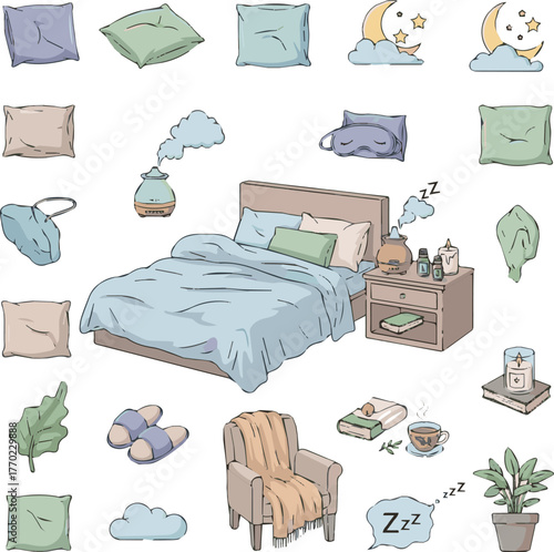  Create Sleep and Relaxation Collection Featuring Beds, Pillows, Aromatherapy, and Nighttime Comfort Items. Editable Stroke. pure Colored Vector Illustration.