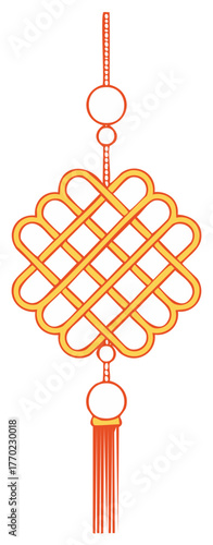 Vibrant traditional Asian knot illustration with intricate golden design and red tassel