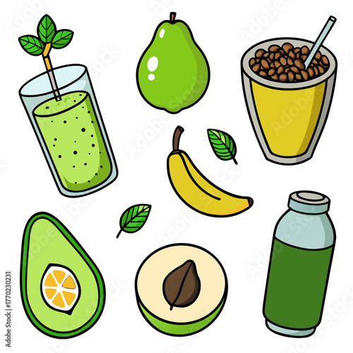 Fresh fruits and smoothies in colorful illustration style  