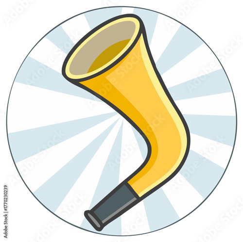 Vibrant yellow cartoon horn with dynamic radial background for music sound and celebration