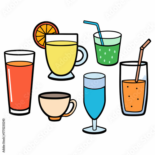 Assorted drinks in various glasses with colorful beverages  