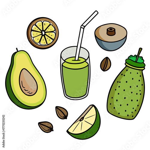 Fresh green smoothie with avocado, lime, and lemon slices  