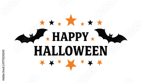 Happy halloween typographic design with bats stars and festive accents celebrating spooky season fun isolated on white background