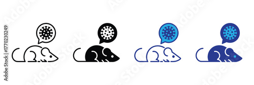 Set of four icons depicting a mouse with a virus symbol in a speech bubble, isolated on white background
