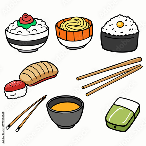 Colorful sushi and Japanese dishes with chopsticks and bowl  