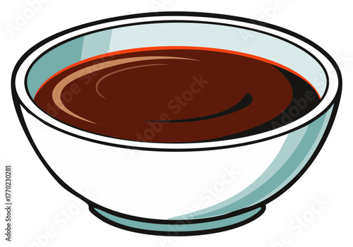 A white bowl filled with rich dark brown liquid like soy sauce or chocolate sauce