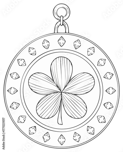 Hand drawn vector illustration of a five-leaf clover lucky charm medallion amulet for a coloring book