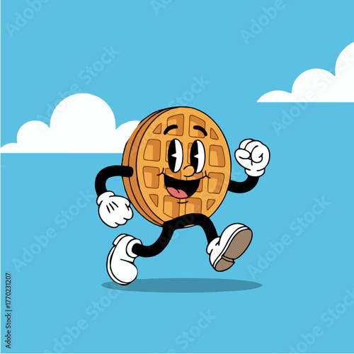 Cartoon waffle character running with a happy expression against a blue sky with clouds.