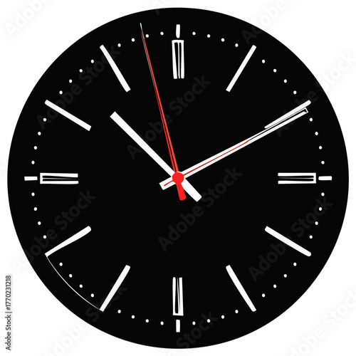 Modern black analog clock face with white and red hands showing time
