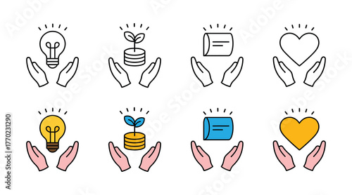 Set of four icons representing ideas, growth, document, and heart, each held by two hands, in both outline and color versions, isolated on white background