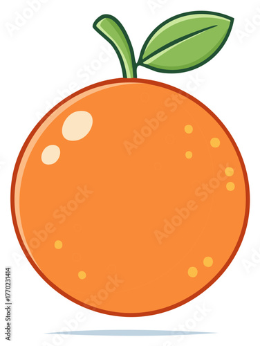 Cartoon orange fruit illustration with green leaf and stem. Fresh citrus fruit.