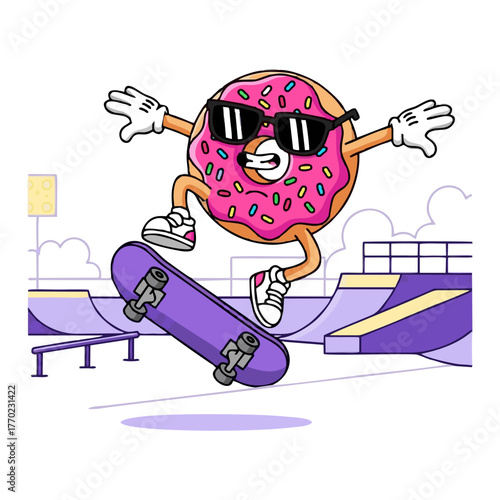 Cartoon donut character with sunglasses skateboarding in a skate park.