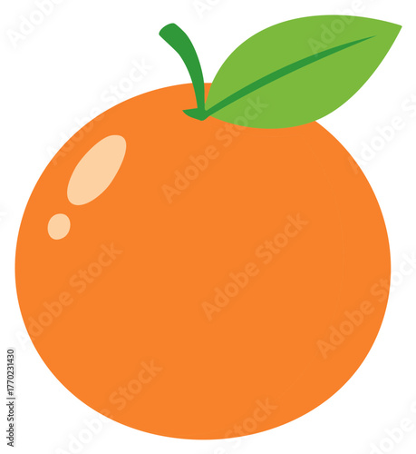 Cartoon Orange Fruit with Green Leaf. Fresh Citrus Fruit, Juicy and Delicious.