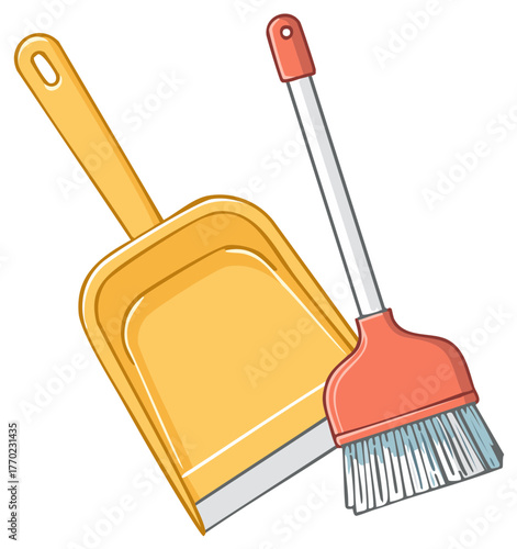 Yellow dustpan and red broom cleaning tools illustration