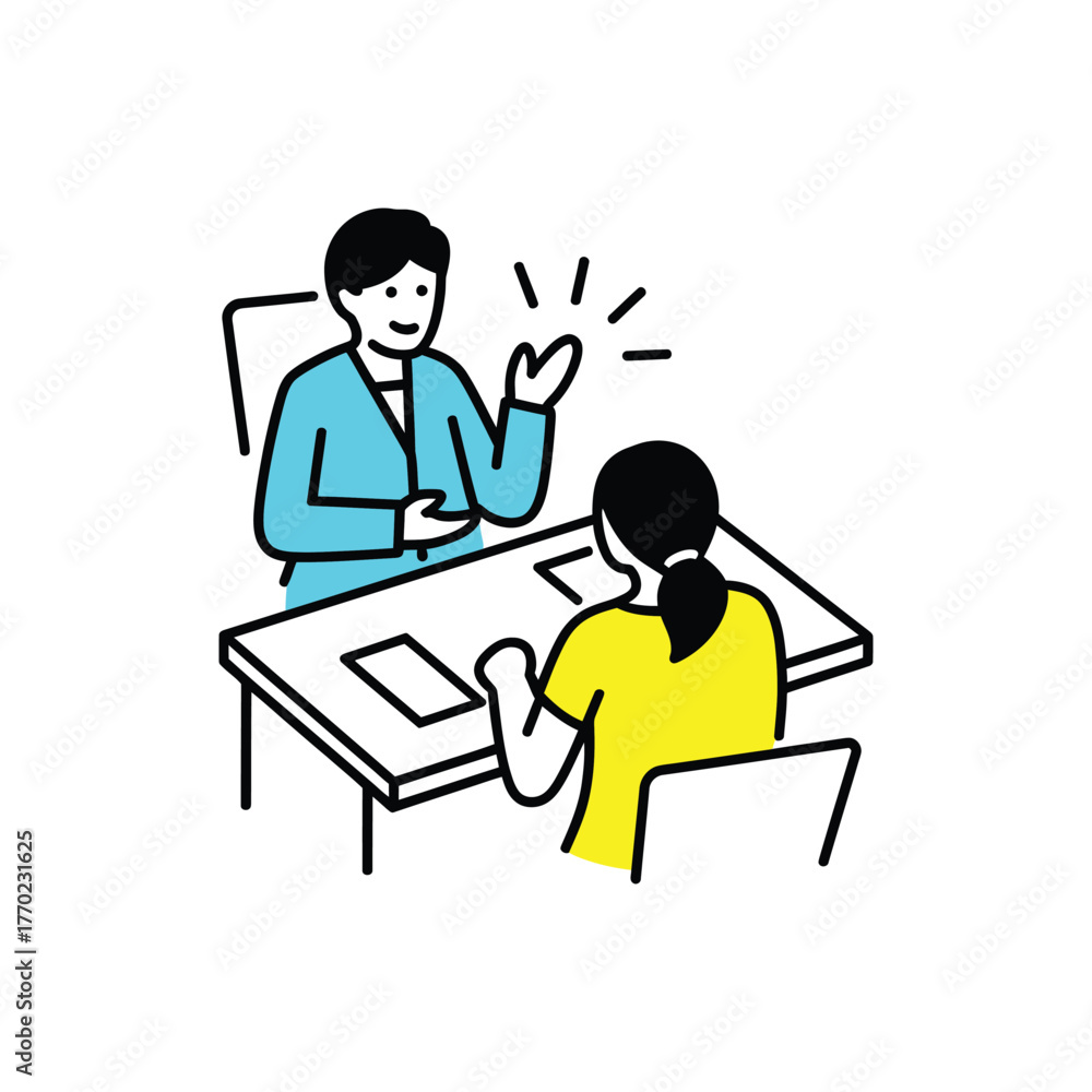 Obraz premium Two people sitting at a table, one person is talking and gesturing with their hand to the other person, illustration