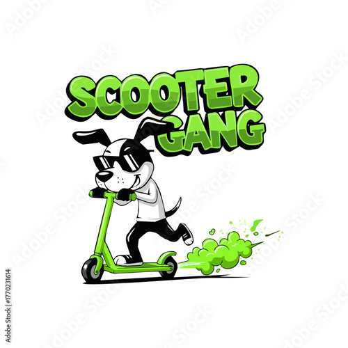 Cartoon dog with sunglasses riding a green scooter with the words Scooter Gang above.