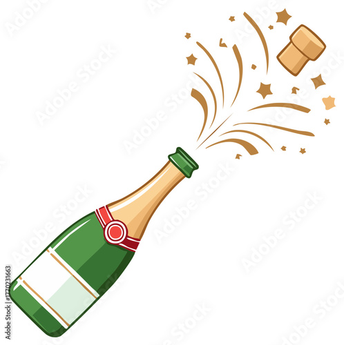 Vibrant cartoon style champagne bottle popping its cork with golden stars and sparkles for celebration