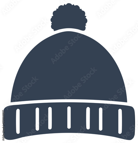 Dark blue knitted beanie with a pompom on top and a ribbed brim