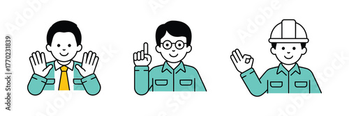 Three cartoon men in teal work clothes and different gestures stop, idea, and okay, isolated on white background
