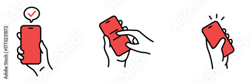Set of three simple line illustrations showing a hand holding a red smartphone with different actions a checkmark notification, a finger touching the screen, and the phone ringing