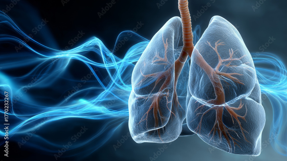 Obraz premium Influenza lung protection concept ,lungs blue light glowing respiratory system anatomy healthcare medical breath