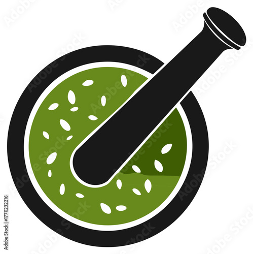 Black Pestle Grinding Green Herbs and Spices in a Mortar