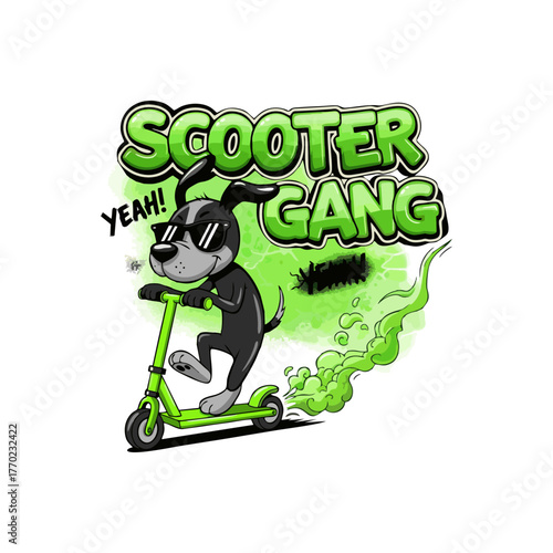 Cartoon dog with sunglasses riding a scooter with "Scooter Gang" text.