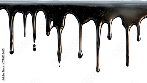 Viscous liquid drips from top; black background, reflective surfaces