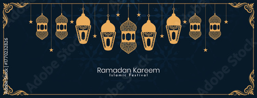 Ramadan Kareem islamic festival greeting banner with mosque