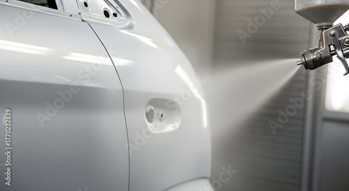 Close-up of a car being painted with a spray gun in a professional workshop.