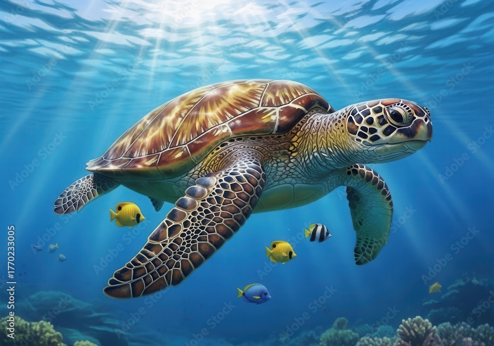 Obraz premium A turtle swimming in the ocean surrounded by fish
