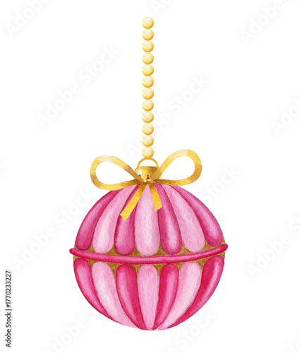 Watercolor holiday ornament.  Tree pink ornament with bow isolated on  white background. New years ball.