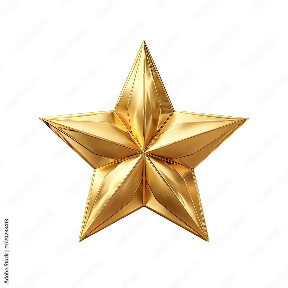 Fototapeta premium A gleaming, golden, five-pointed star, rendered with intricate facets, set against black