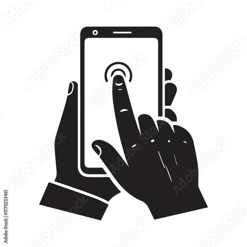 "Hand Touching Smartphone Screen with Sun Icon – Flat Design Vector"