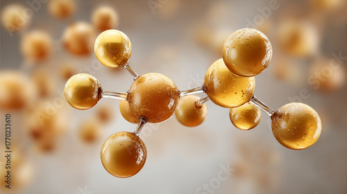 Golden molecule molecular structure vitamin D chemical bonds glossy spheres scientific concept gold background macro