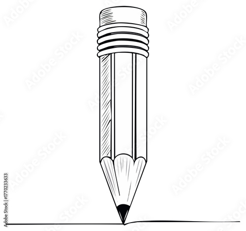 Hand-drawn black and white illustration of a sharpened pencil drawing a line, creative writing concept