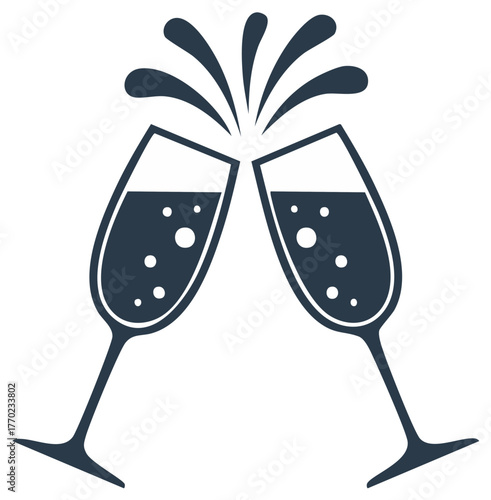 Two toasting champagne flutes with bubbly drink and splash in silhouette.