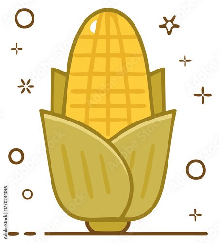 Whimsical cartoon illustration of a yellow corn cob with green husks and playful decorative elements