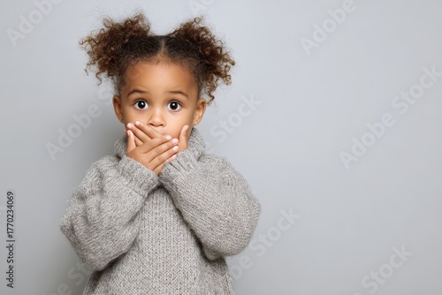 Oops Baby. Little African American Girl Covering Mouth in Shock and Confusion. Childhood Emotion Concept