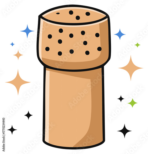 Illustration of a sparkling cork closure with colorful stars surrounding it