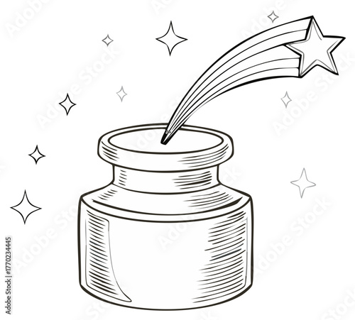 Magical shooting star rising from a classic inkwell drawing outline