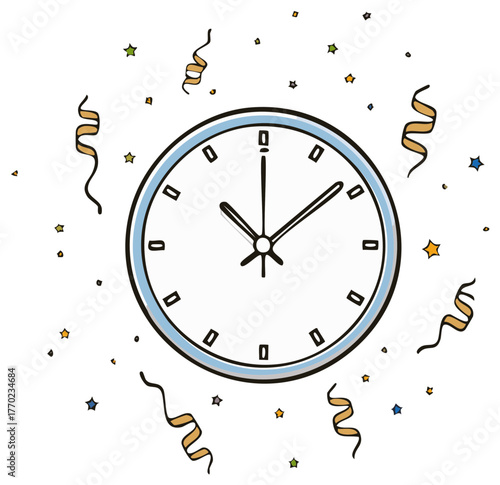Clock and Confetti Illustration: New Year's Eve, Party, Celebration