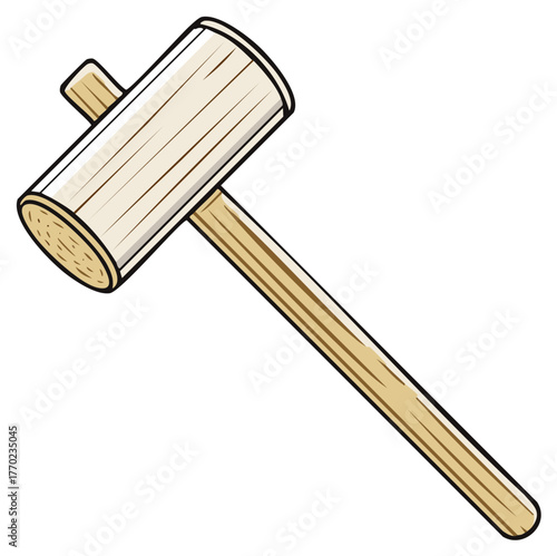 Isolated cartoon illustration of a traditional wooden mallet, featuring light wood and a sturdy design, ideal for construction or craft projects.