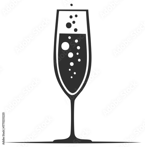 Elegant champagne flute with bubbles inside, festive celebration concept, drink in glass, black and white illustration
