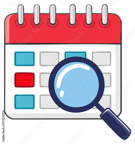 Magnifying glass over a cartoon calendar icon for searching dates, planning, and checking appointments